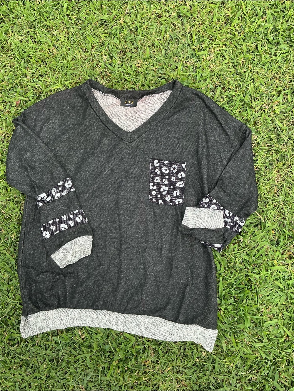 Women’s Charcoal V-Neck Sweater with Leopard Pocket Accent